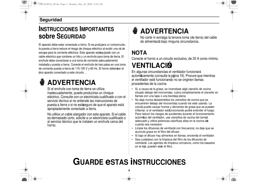 Whirlpool UMV2186AA owner manual Ventilación 