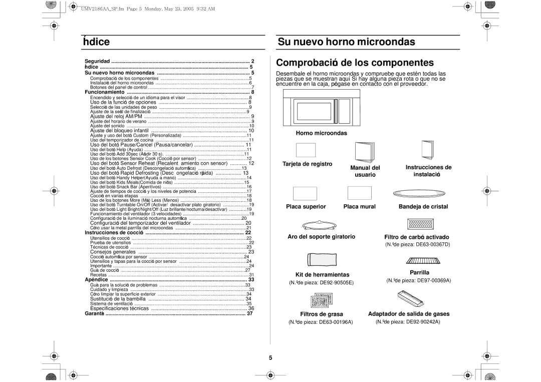 Whirlpool UMV2186AA owner manual Comprobación de los componentes, Kit de herramientas Parrilla 