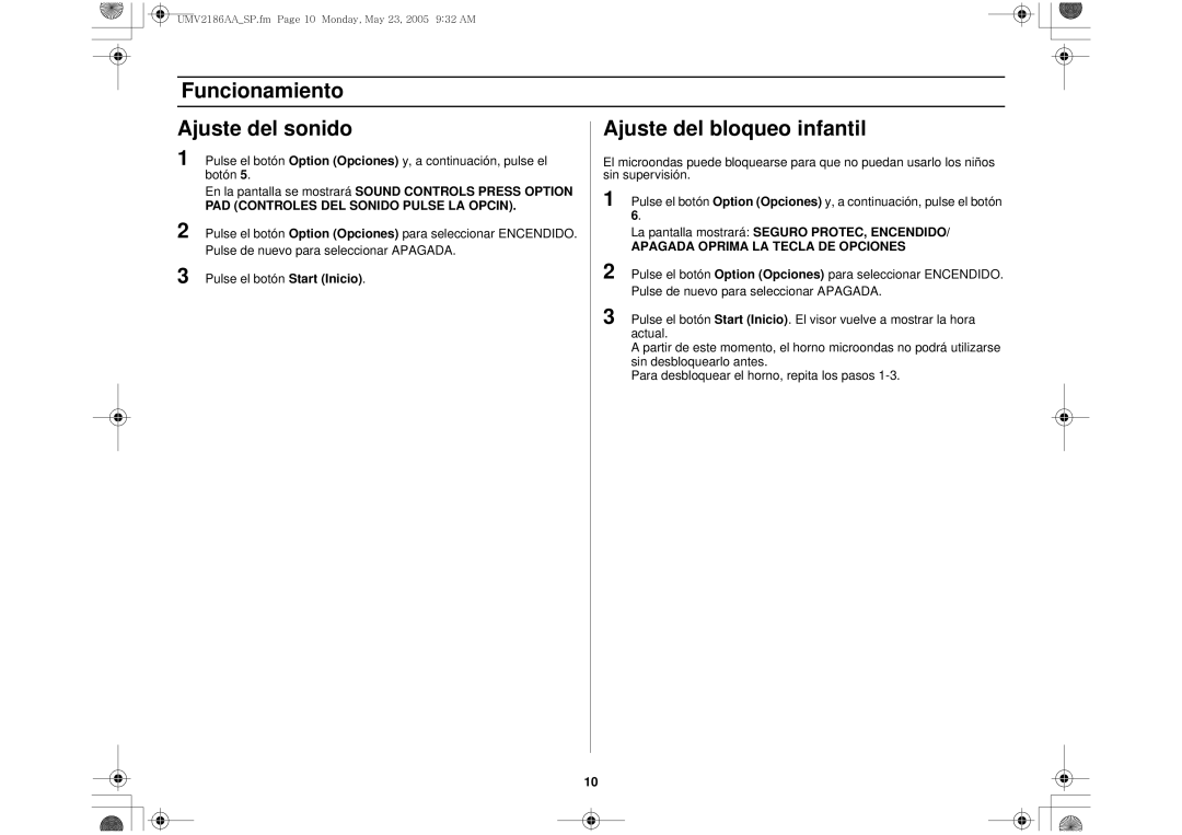 Whirlpool UMV2186AA owner manual PAD Controles DEL Sonido Pulse LA Opcin, La pantalla mostrará Seguro PROTEC, Encendido 