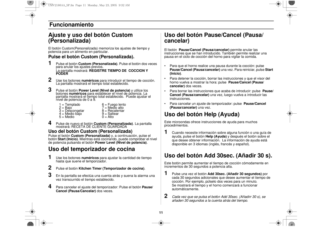 Whirlpool UMV2186AA Uso del temporizador de cocina, Uso del botón Pause/Cancel Pausa/ cancelar, Uso del botón Help Ayuda 