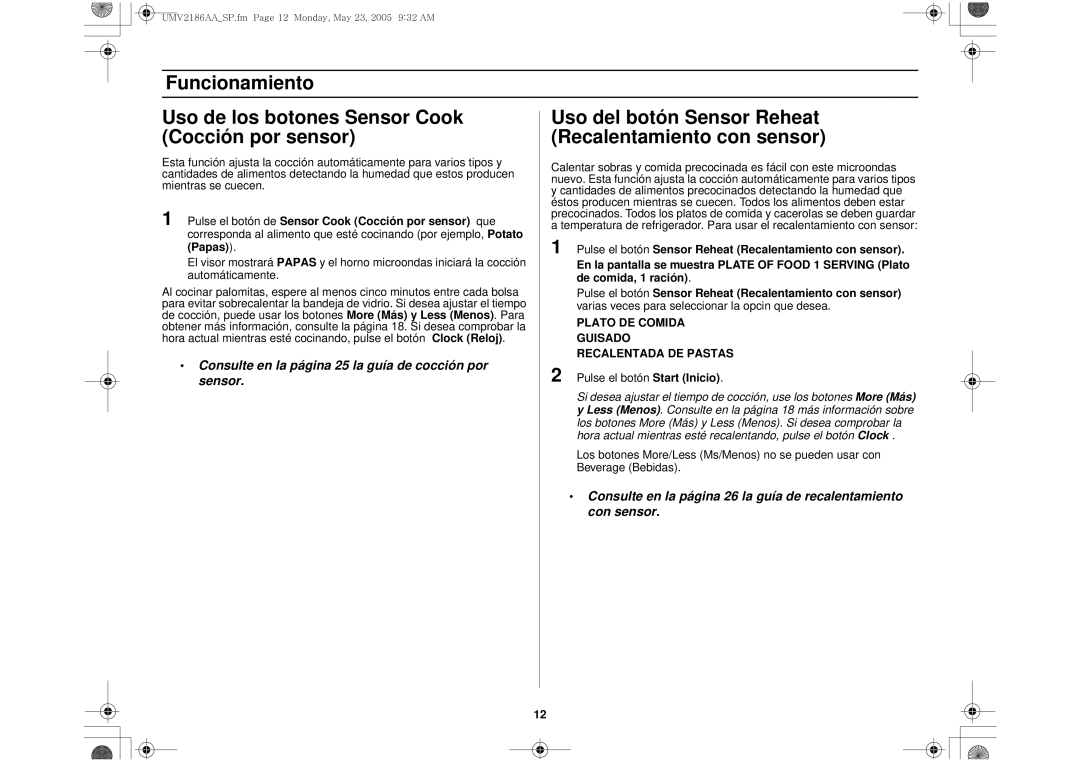 Whirlpool UMV2186AA owner manual Plato DE Comida, Guisado, Recalentada DE Pastas 