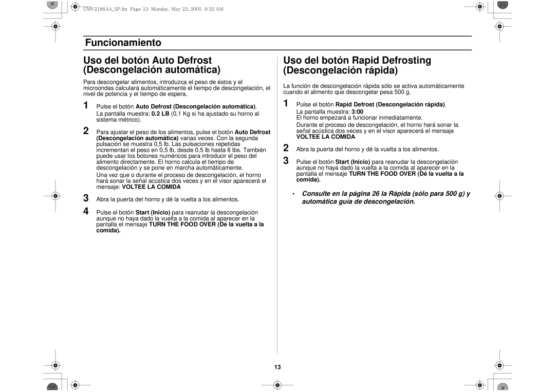 Whirlpool UMV2186AA owner manual Uso del botón Rapid Defrosting Descongelación rápida, Voltee LA Comida 