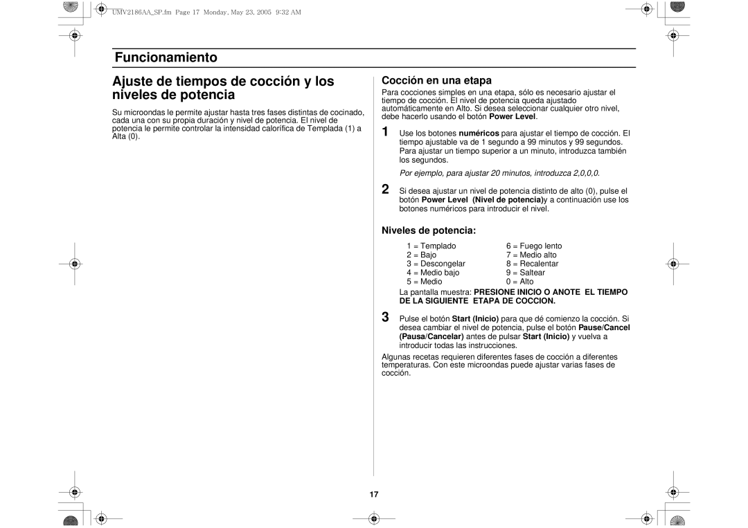 Whirlpool UMV2186AA Funcionamiento Ajuste de tiempos de cocción y los, Niveles de potencia, Cocción en una etapa 