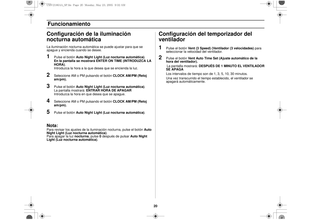 Whirlpool UMV2186AA owner manual Hora, SE Apaga 