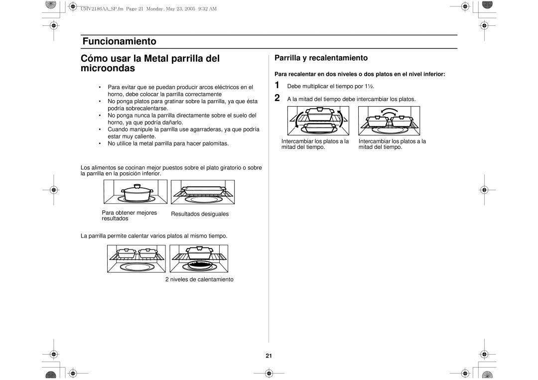 Whirlpool UMV2186AA owner manual Funcionamiento Cómo usar la Metal parrilla del, Microondas, Parrilla y recalentamiento 