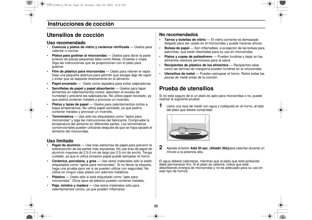 Whirlpool UMV2186AA Instrucciones de cocción Utensilios de cocción, Prueba de utensilios, Uso recomendado, Uso limitado 