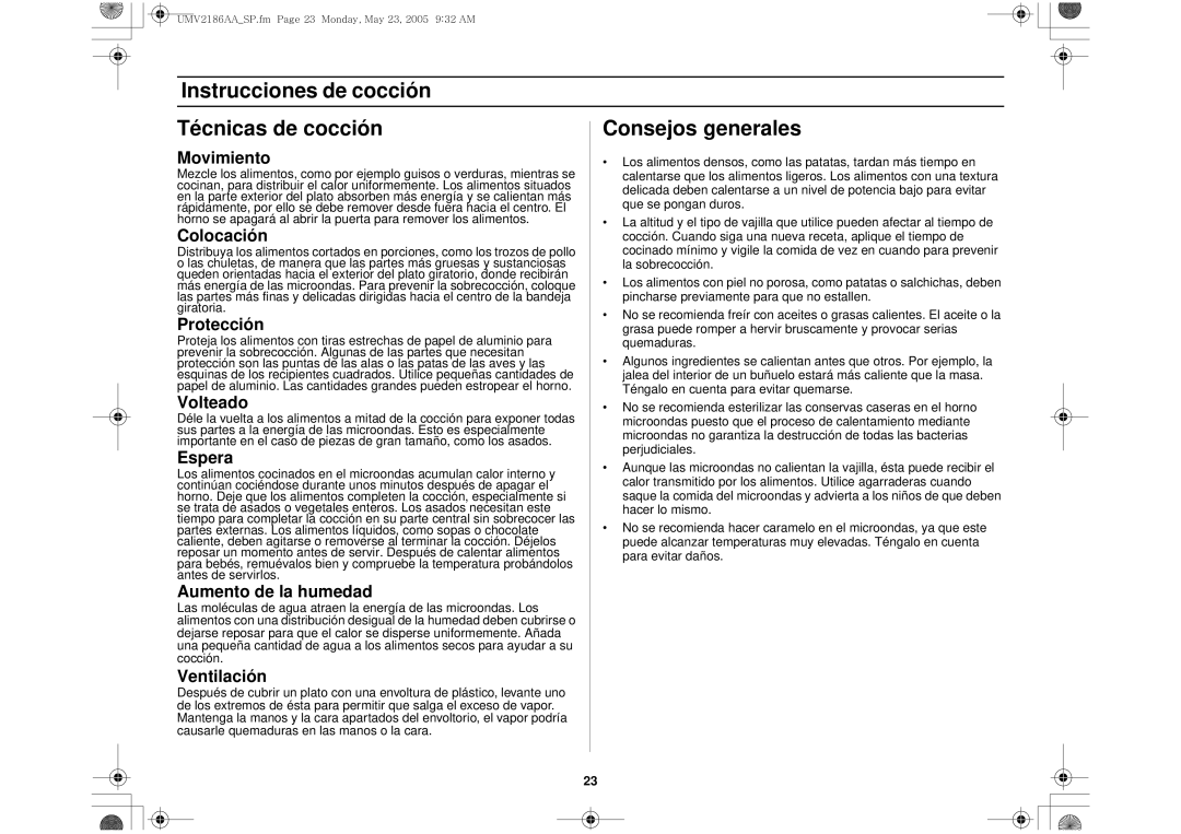 Whirlpool UMV2186AA owner manual Movimiento, Colocación, Protección, Volteado, Espera, Aumento de la humedad, Ventilación 