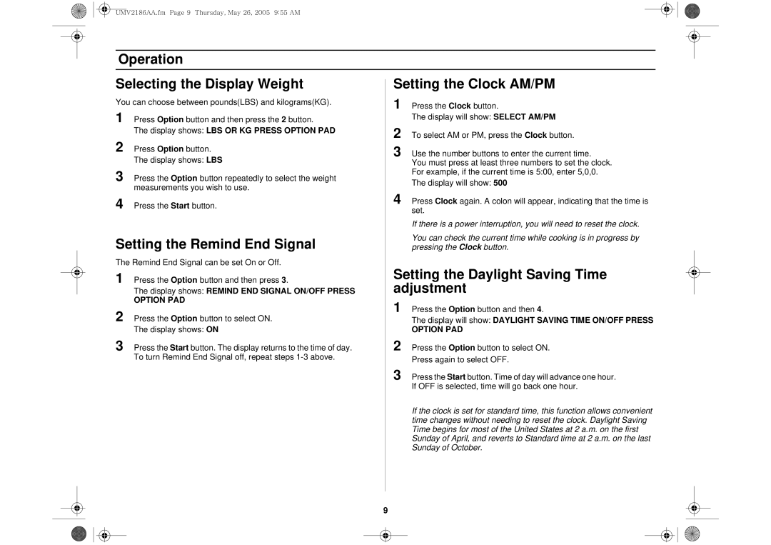 Whirlpool UMV2186AA owner manual Setting the Remind End Signal, Setting the Daylight Saving Time, Adjustment, Option PAD 