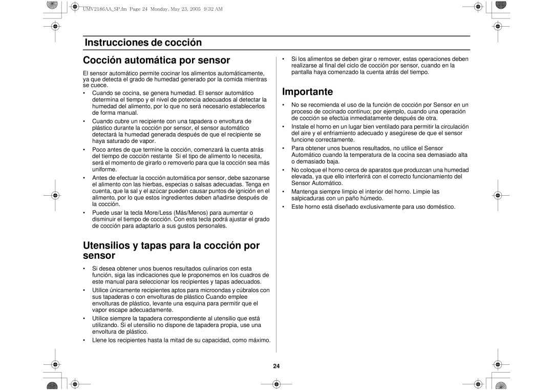 Whirlpool UMV2186AA Instrucciones de cocción Cocción automática por sensor, Utensilios y tapas para la cocción por sensor 