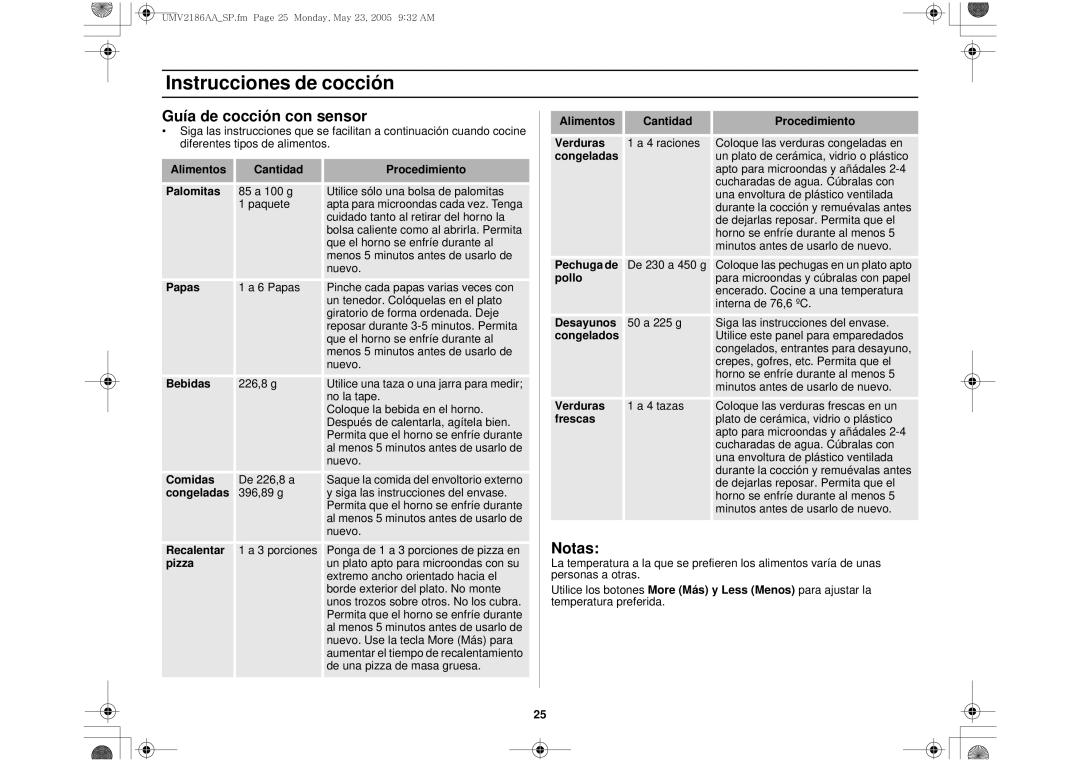 Whirlpool UMV2186AA owner manual Instrucciones de cocción, Guía de cocción con sensor, Notas 