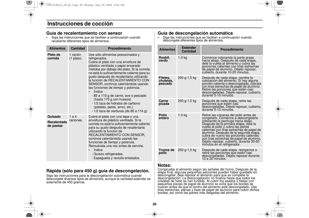 Whirlpool UMV2186AA owner manual Guía de recalentamiento con sensor, Rápida sólo para 450 g guía de descongelación 