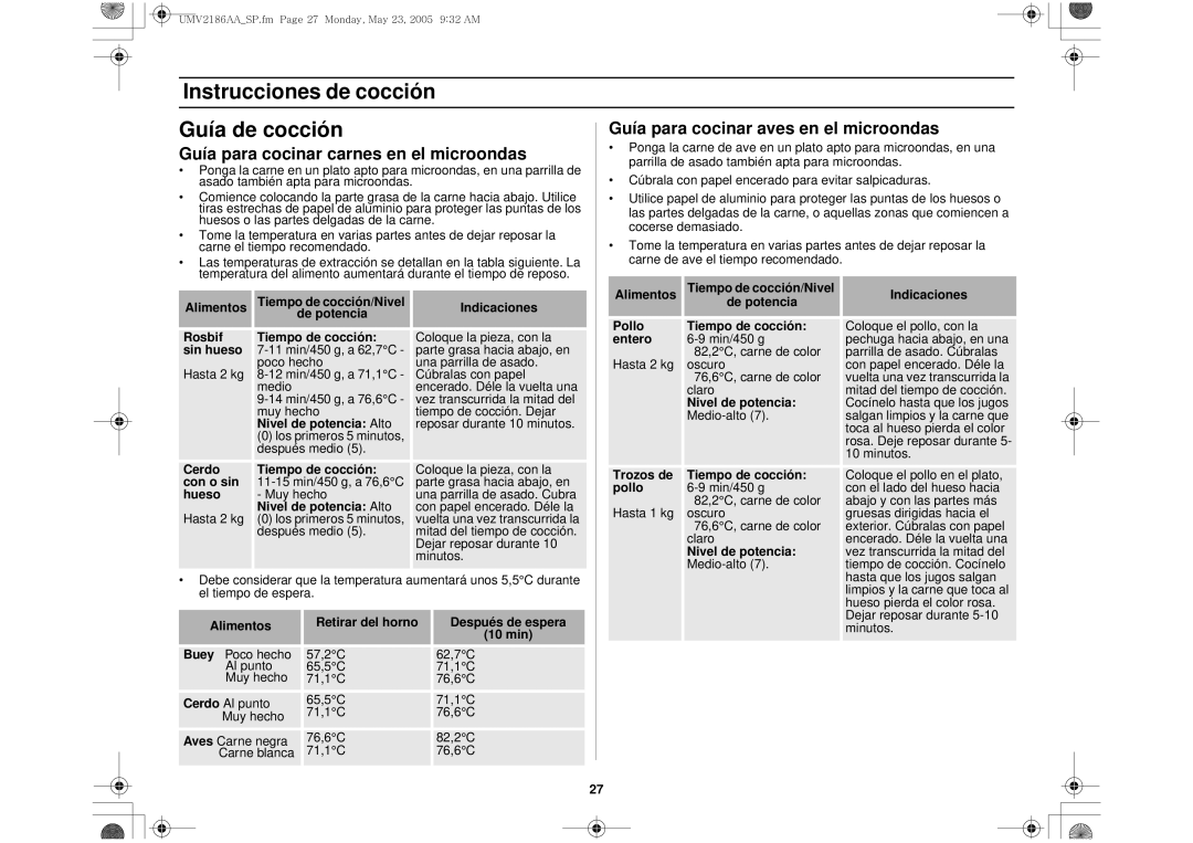 Whirlpool UMV2186AA owner manual Instrucciones de cocción Guía de cocción, Guía para cocinar aves en el microondas 