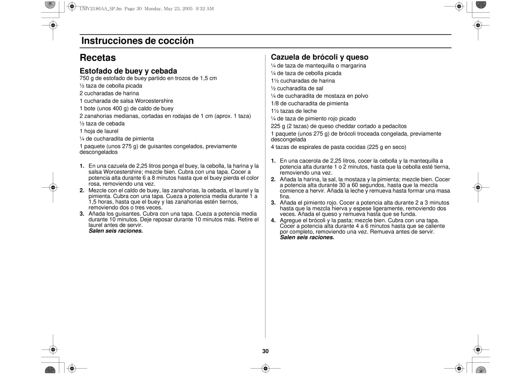 Whirlpool UMV2186AA owner manual Instrucciones de cocción Recetas, Cazuela de brócoli y queso, Estofado de buey y cebada 