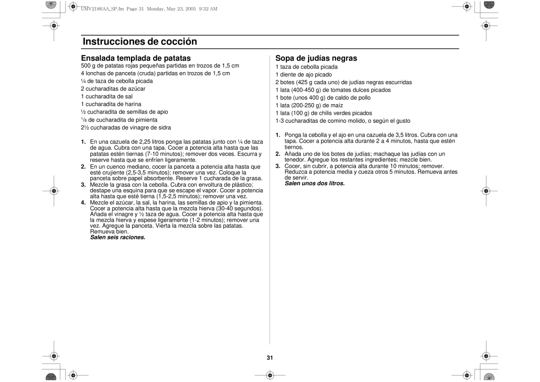 Whirlpool UMV2186AA owner manual Ensalada templada de patatas, Sopa de judías negras 