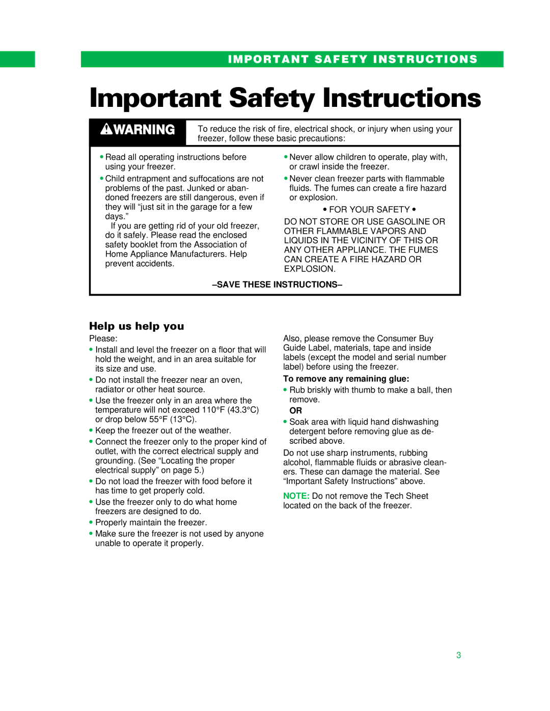 Whirlpool UPRIGHT FREEZER Important Safety Instructions, Help us help you, To remove any remaining glue 