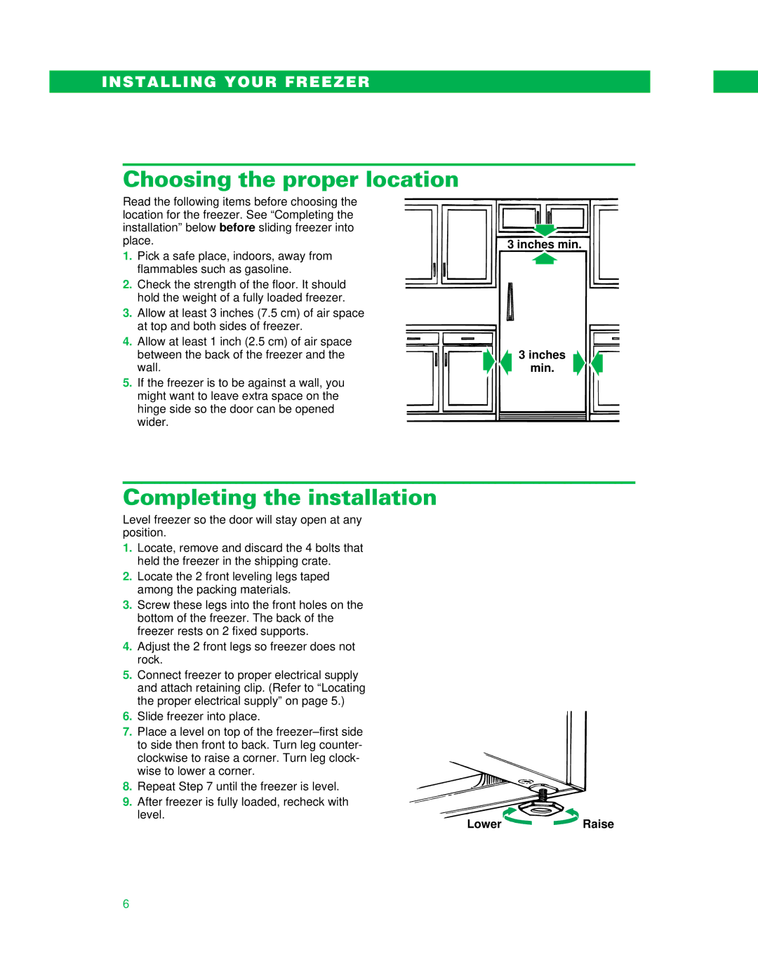 Whirlpool UPRIGHT FREEZER Choosing the proper location, Completing the installation, LowerRaise 