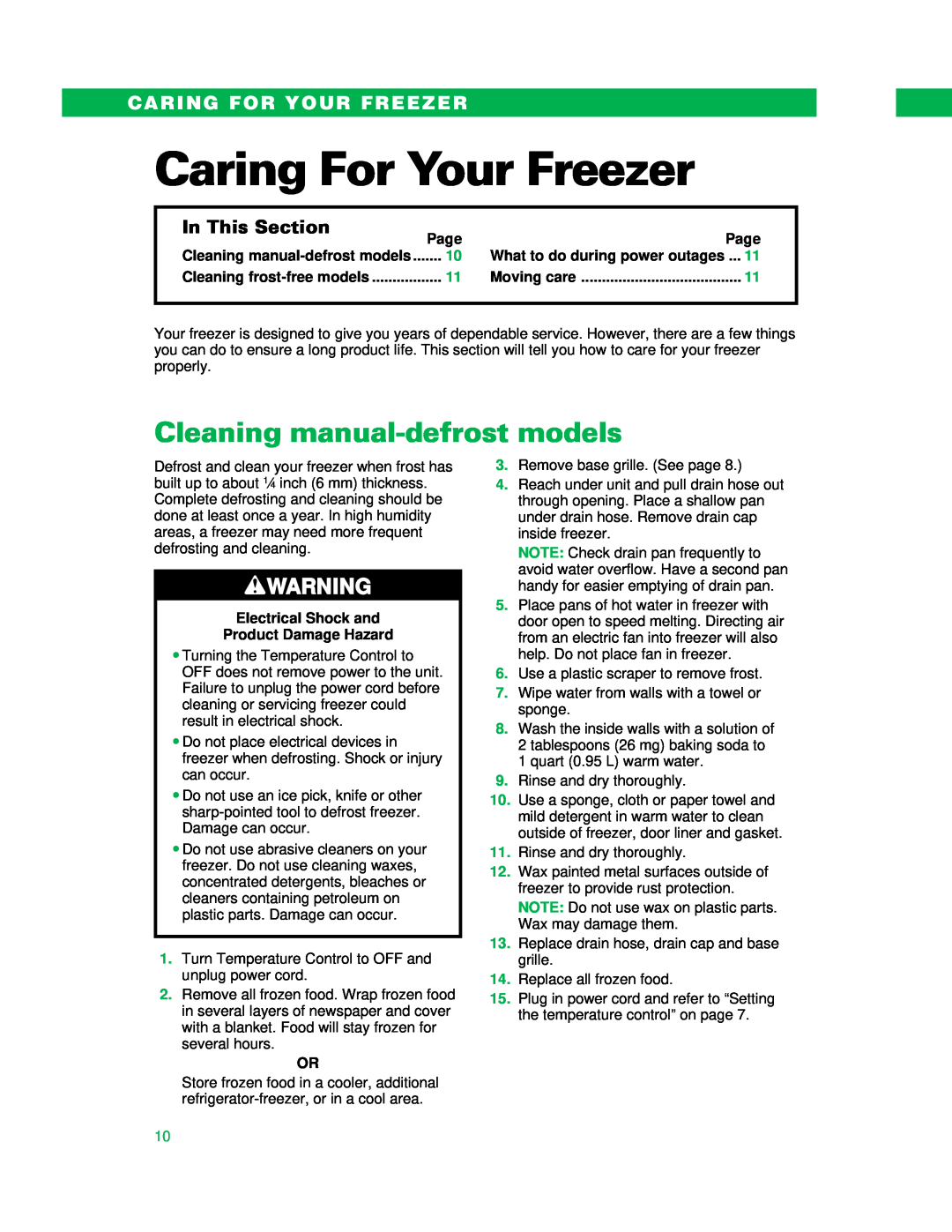 Whirlpool UPRIGHT FREEZER Caring For Your Freezer, Cleaning manual-defrostmodels, In This Section, Page 