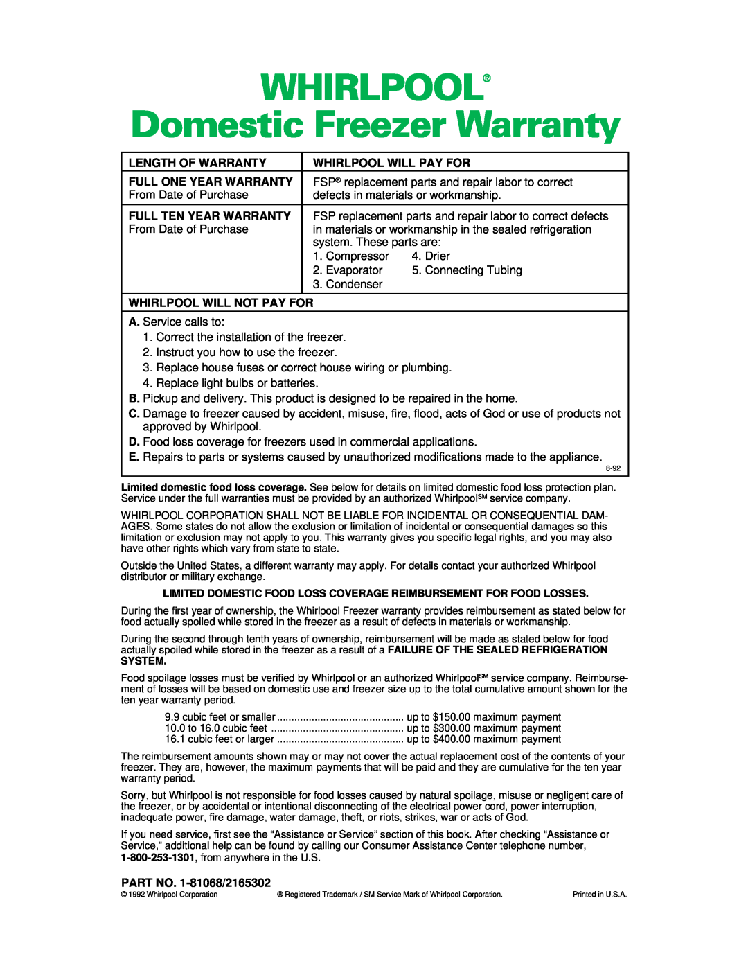 Whirlpool UPRIGHT FREEZER WHIRLPOOL Domestic Freezer Warranty, Length Of Warranty, Whirlpool Will Pay For 