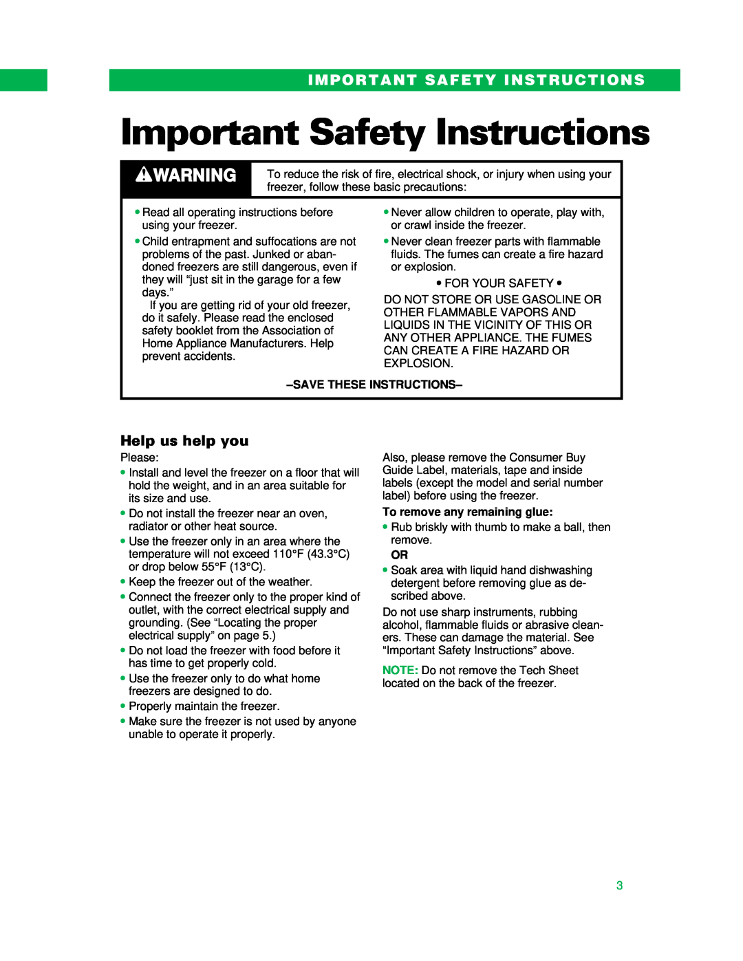 Whirlpool UPRIGHT FREEZER Important Safety Instructions, Help us help you, Savethese Instructions 