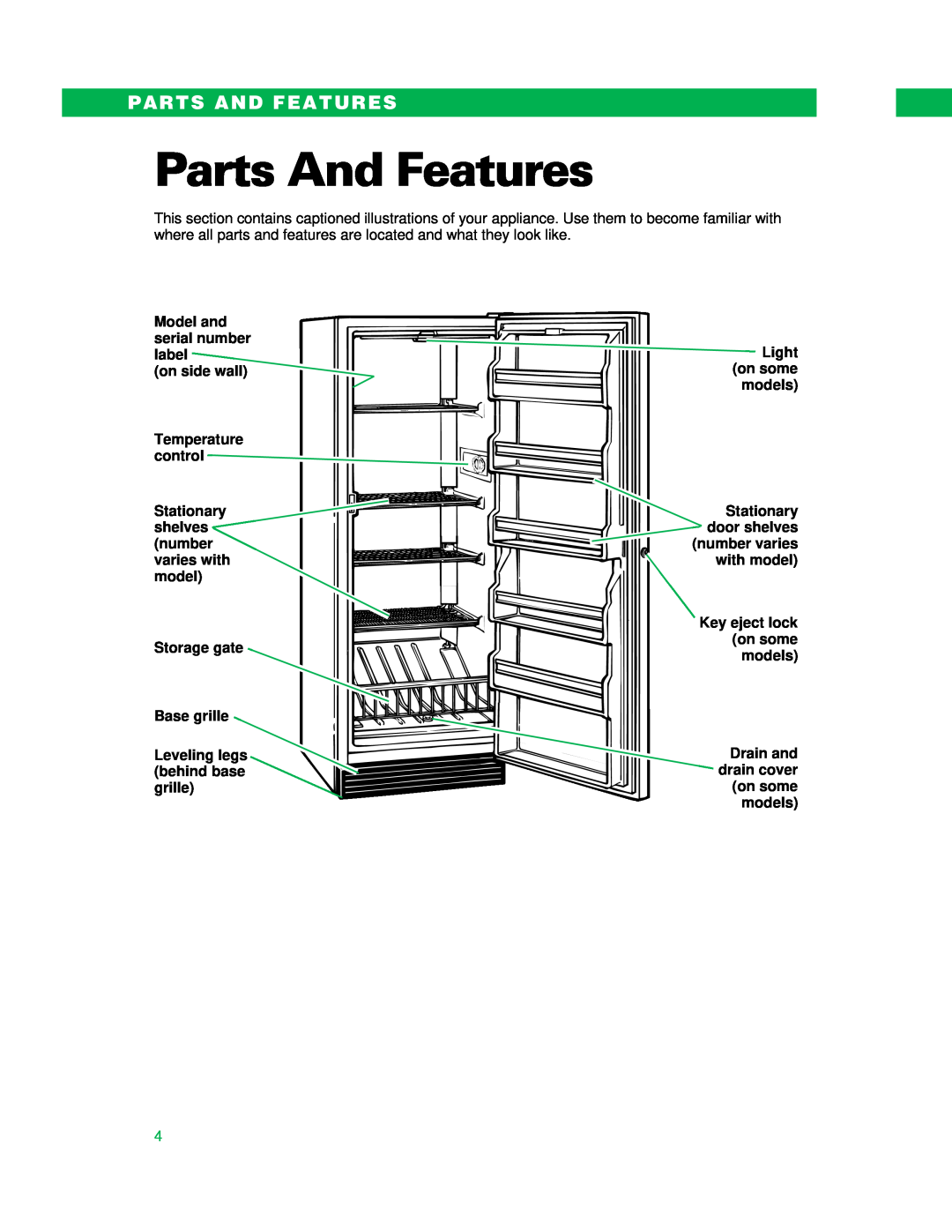 Whirlpool UPRIGHT FREEZER Parts And Features, Model and, serial number, Light, label, on side wall, on some, models 