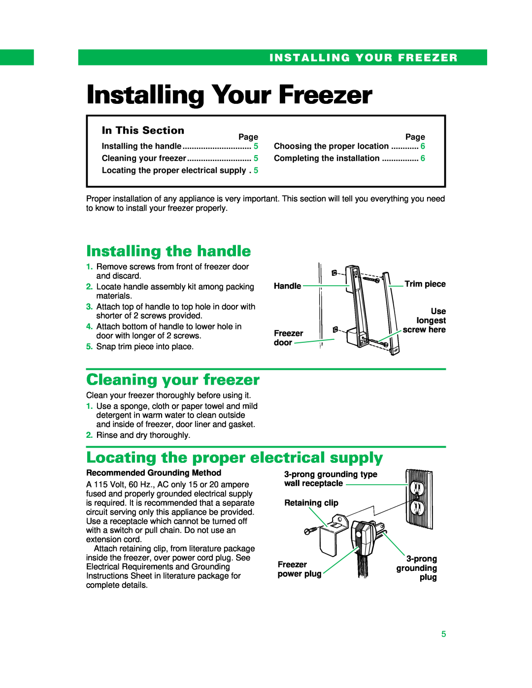 Whirlpool UPRIGHT FREEZER Installing Your Freezer, Installing the handle, Cleaning your freezer, In This Section, Handle 