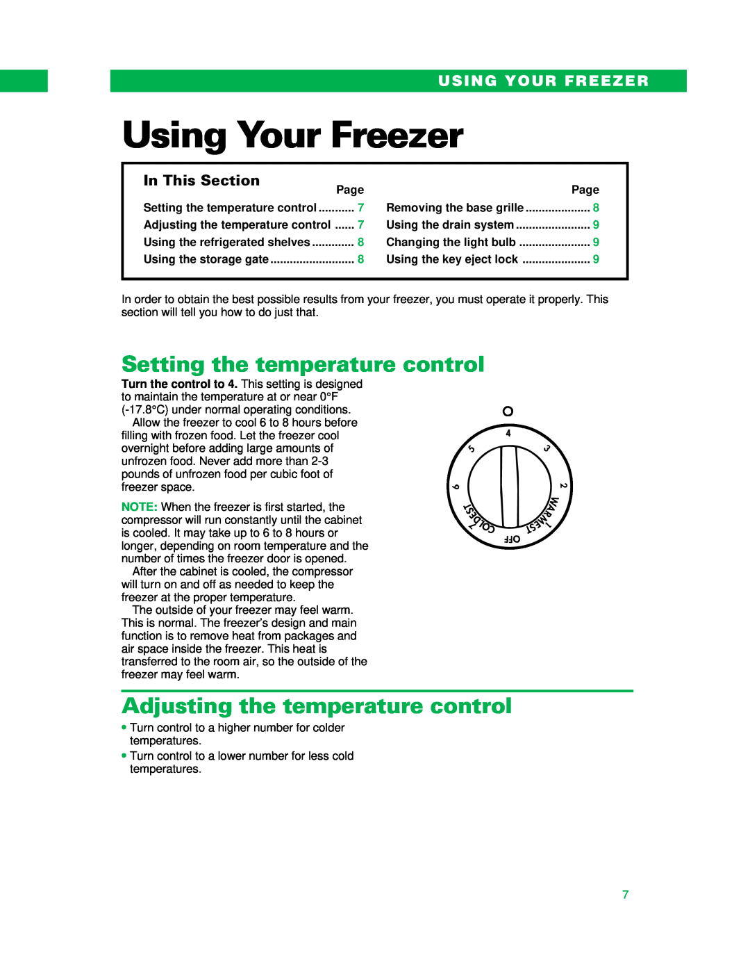 Whirlpool UPRIGHT FREEZER Using Your Freezer, Setting the temperature control, Adjusting the temperature control, Page 