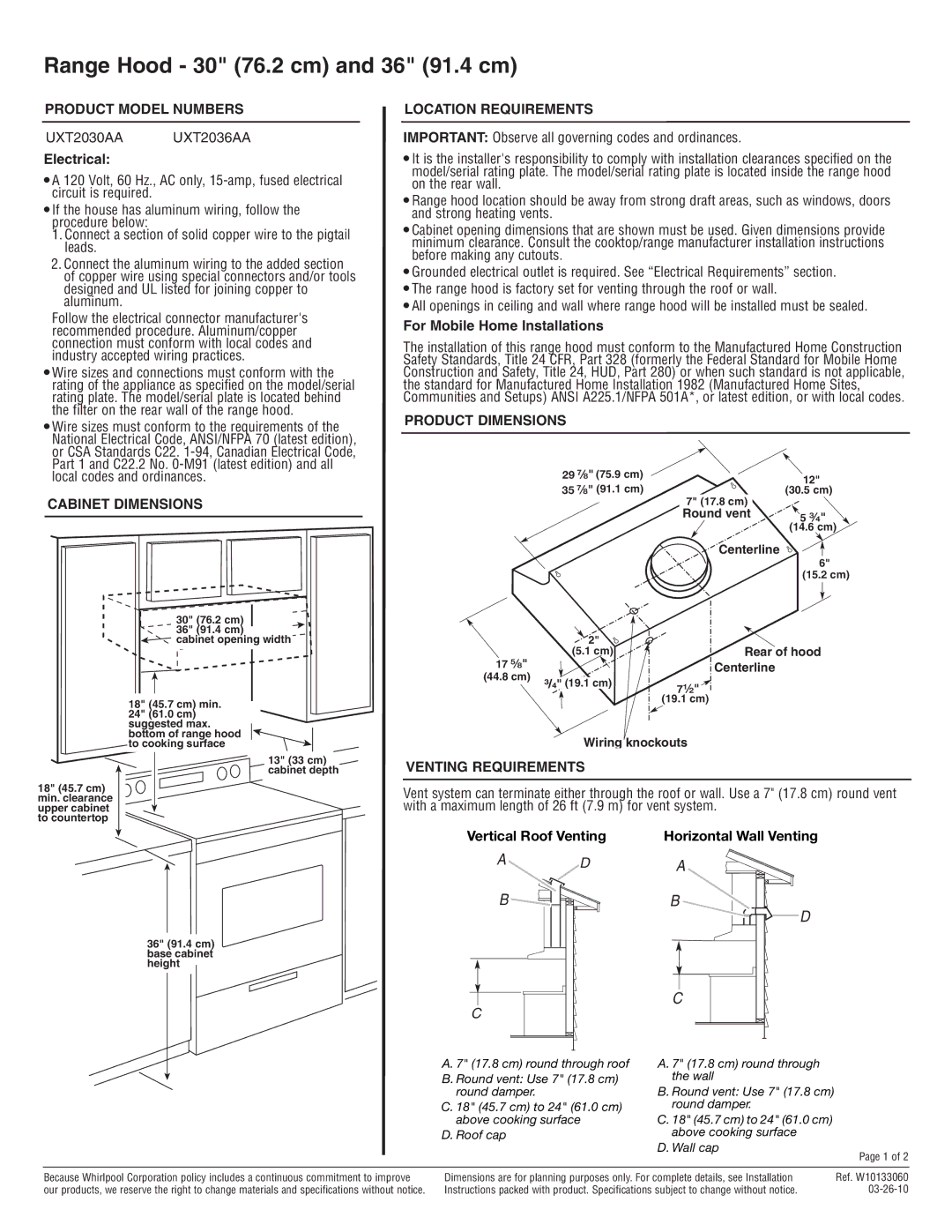 Whirlpool UXT2036AA dimensions Product Model Numbers, Cabinet Dimensions Location Requirements, Product Dimensions 