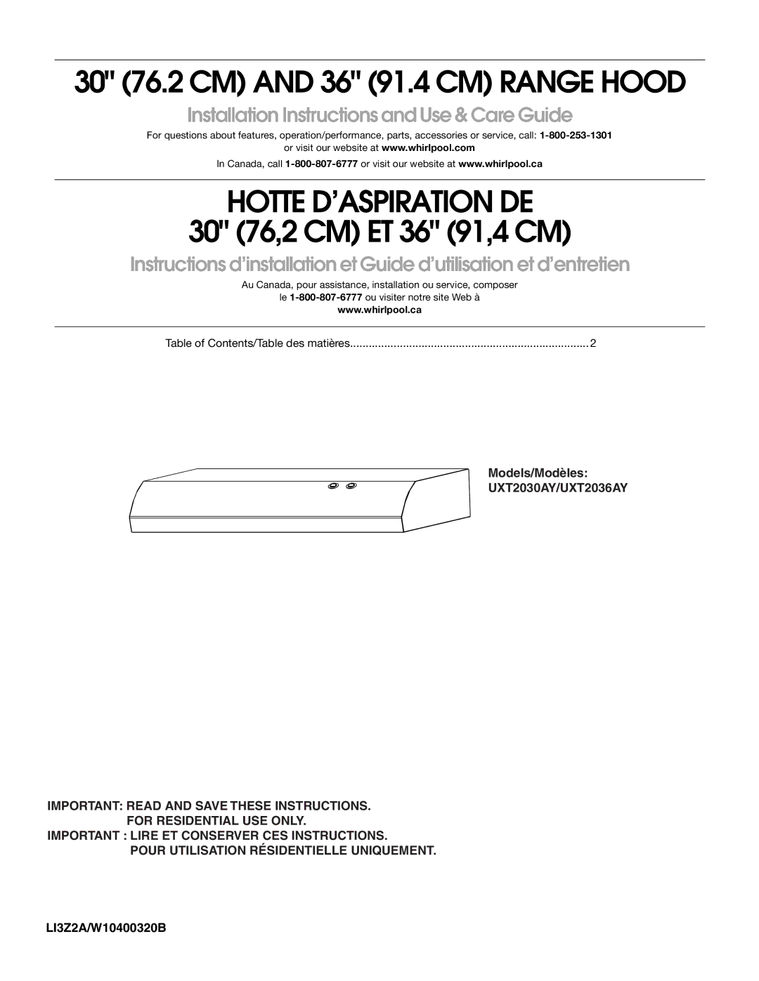 Whirlpool UXT2030AY, UXT2036AY, LI3Z2A, W10400320B installation instructions Hotte D’ASPIRATION DE 