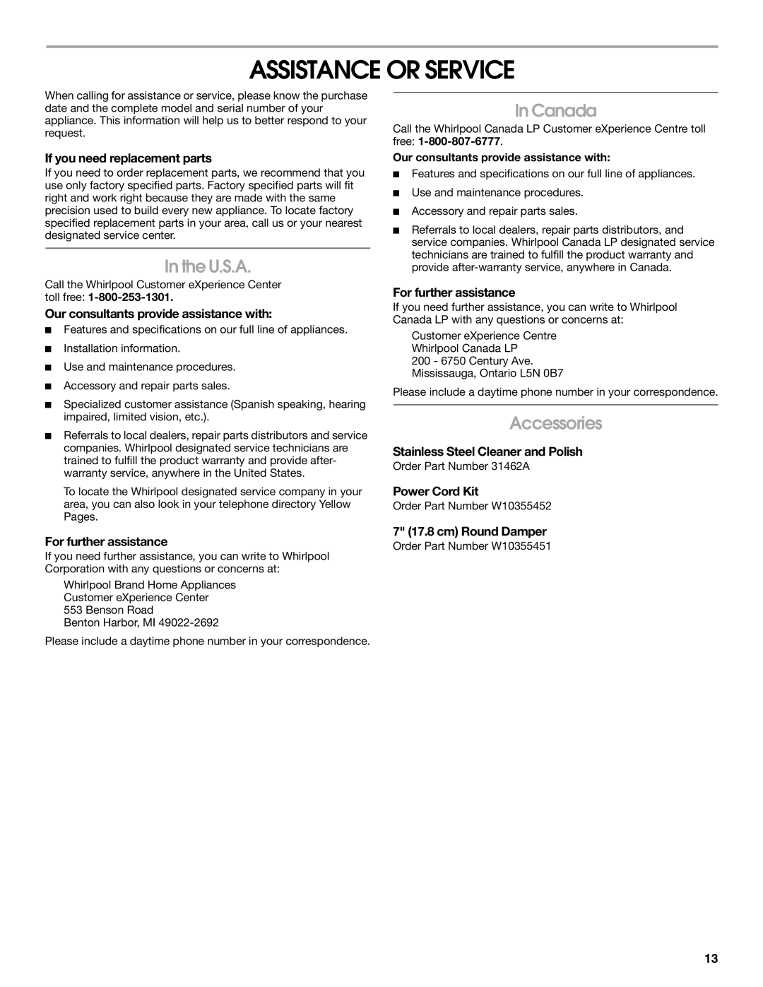 Whirlpool UXT2030AY, UXT2036AY, LI3Z2A, W10400320B installation instructions Assistance or Service, U.S.A, Canada, Accessories 