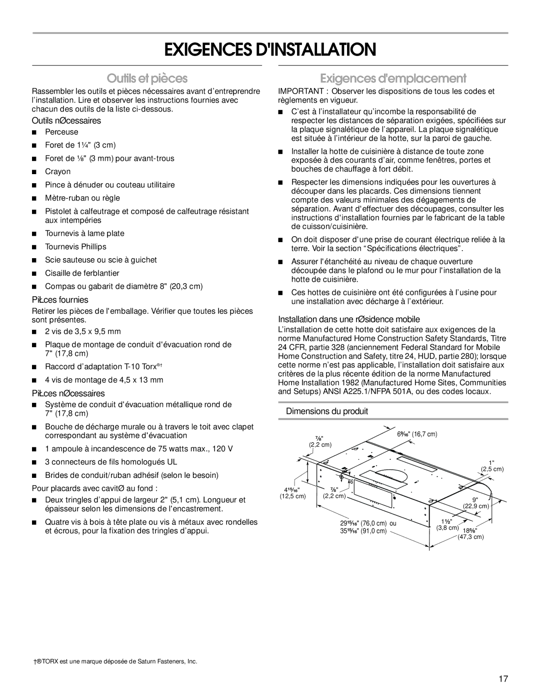 Whirlpool UXT2030AY, UXT2036AY, LI3Z2A, W10400320B Exigences Dinstallation, Outils et pièces, Exigences demplacement 