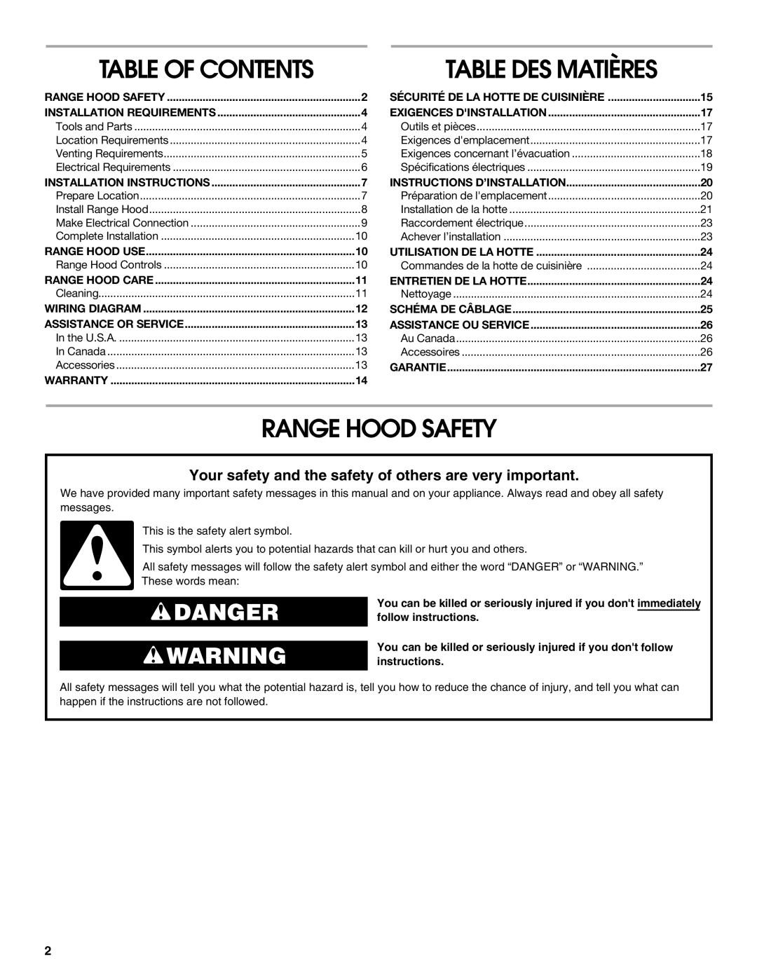 Whirlpool LI3Z2A, UXT2036AY, UXT2030AY, W10400320B installation instructions Range Hood Safety, Table of Contents 