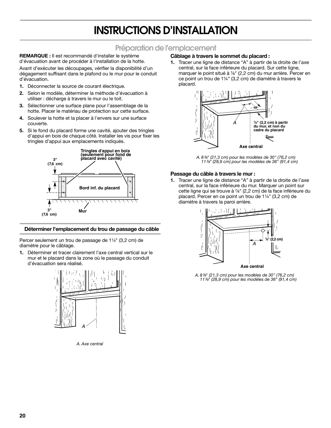 Whirlpool UXT2036AY Instructions D’INSTALLATION, Préparation de lemplacement, Câblage à travers le sommet du placard 