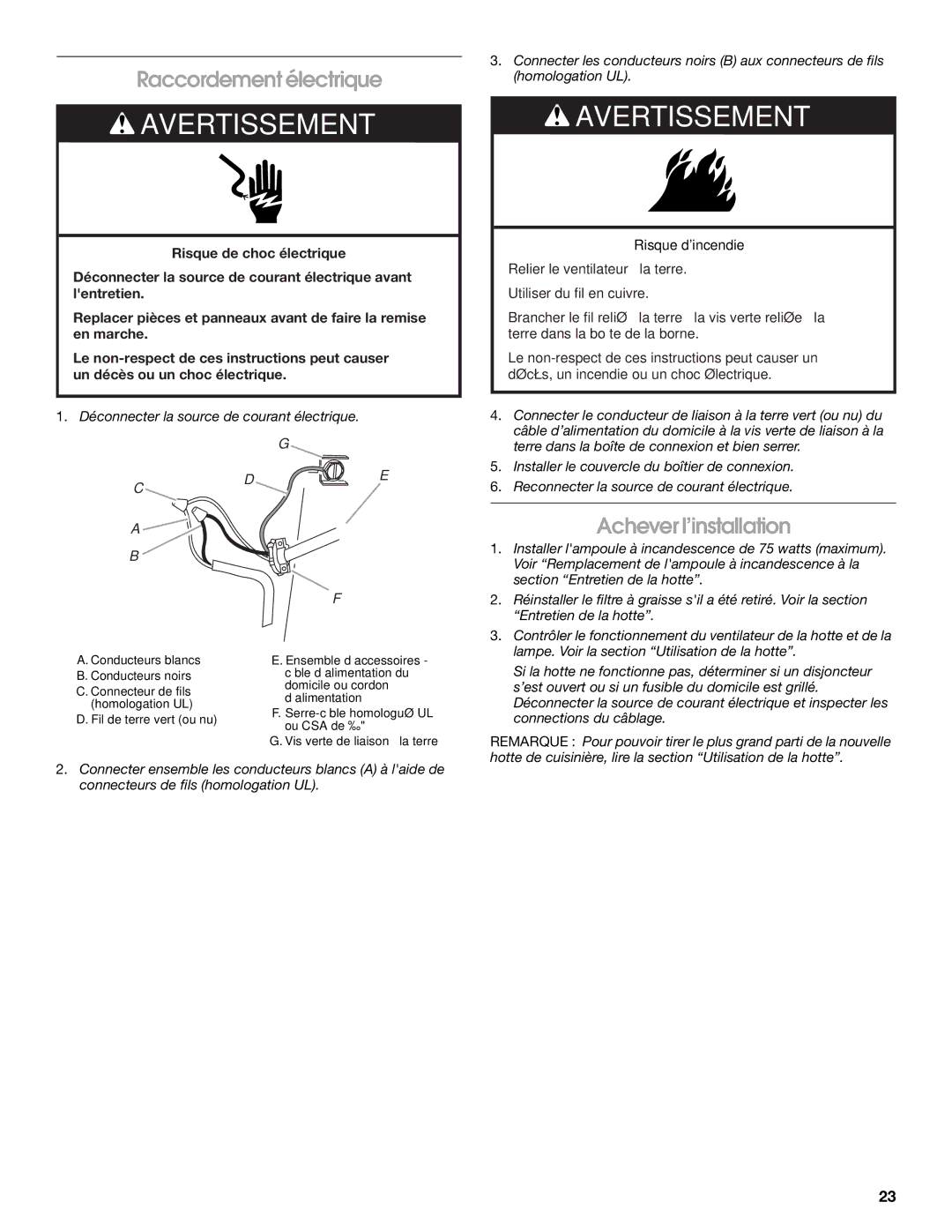 Whirlpool W10400320B, UXT2036AY, UXT2030AY, LI3Z2A installation instructions Raccordement électrique, Achever l’installation 