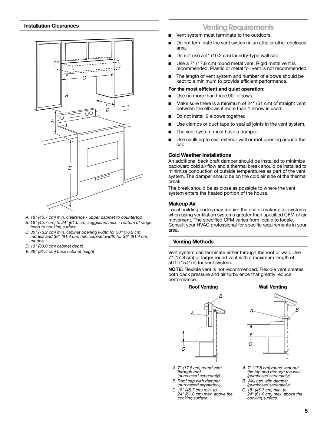 Whirlpool UXT2030AY Venting Requirements, Installation Clearances, Cold Weather Installations, Makeup Air, Venting Methods 