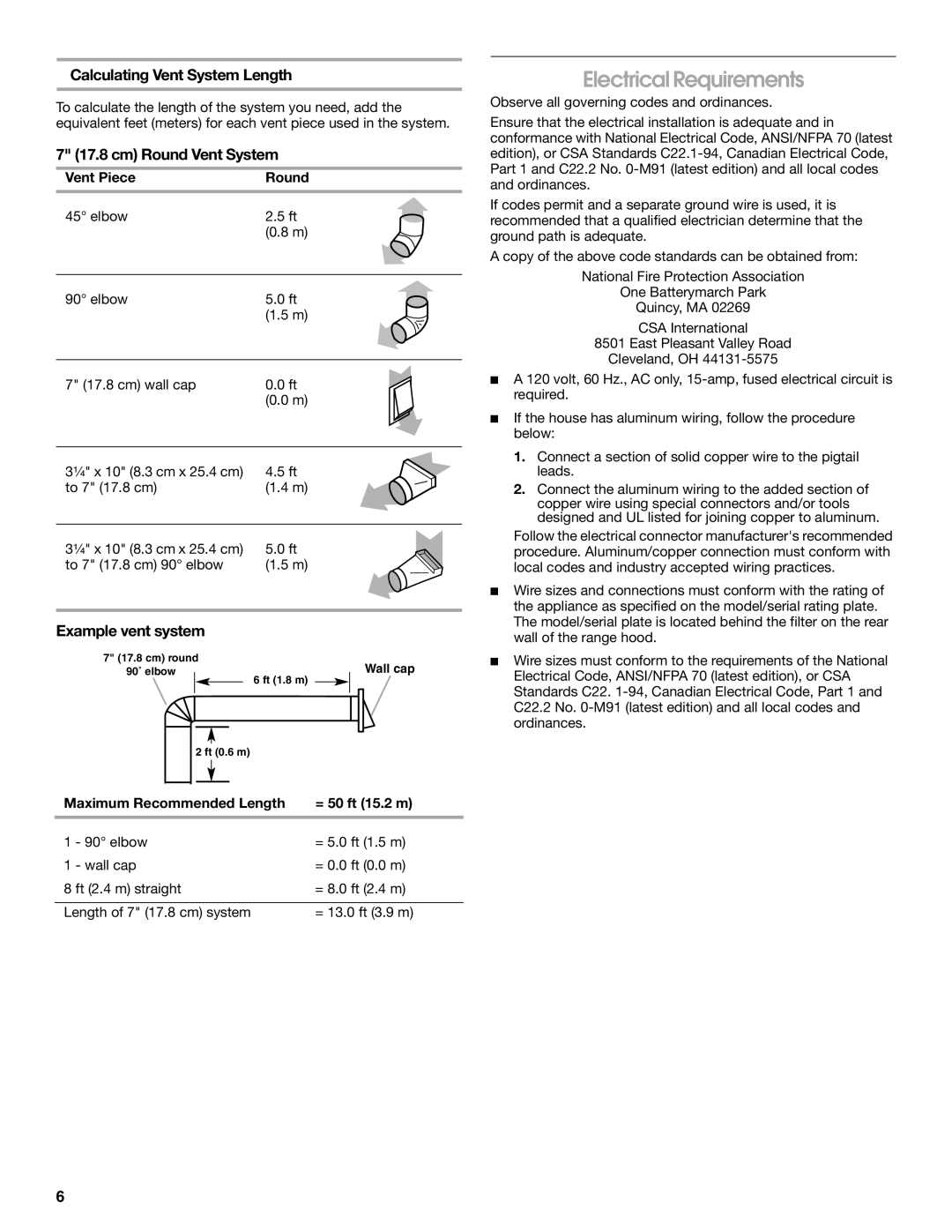 Whirlpool LI3Z2A Electrical Requirements, Calculating Vent System Length, Cm Round Vent System, Example vent system 