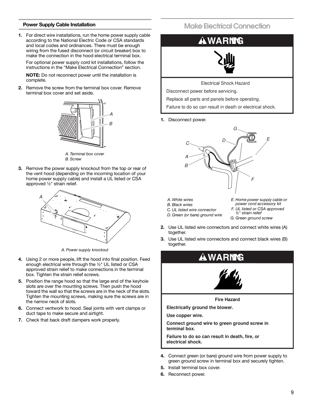 Whirlpool UXT2030AY, UXT2036AY, LI3Z2A, W10400320B Make Electrical Connection, Power Supply Cable Installation 