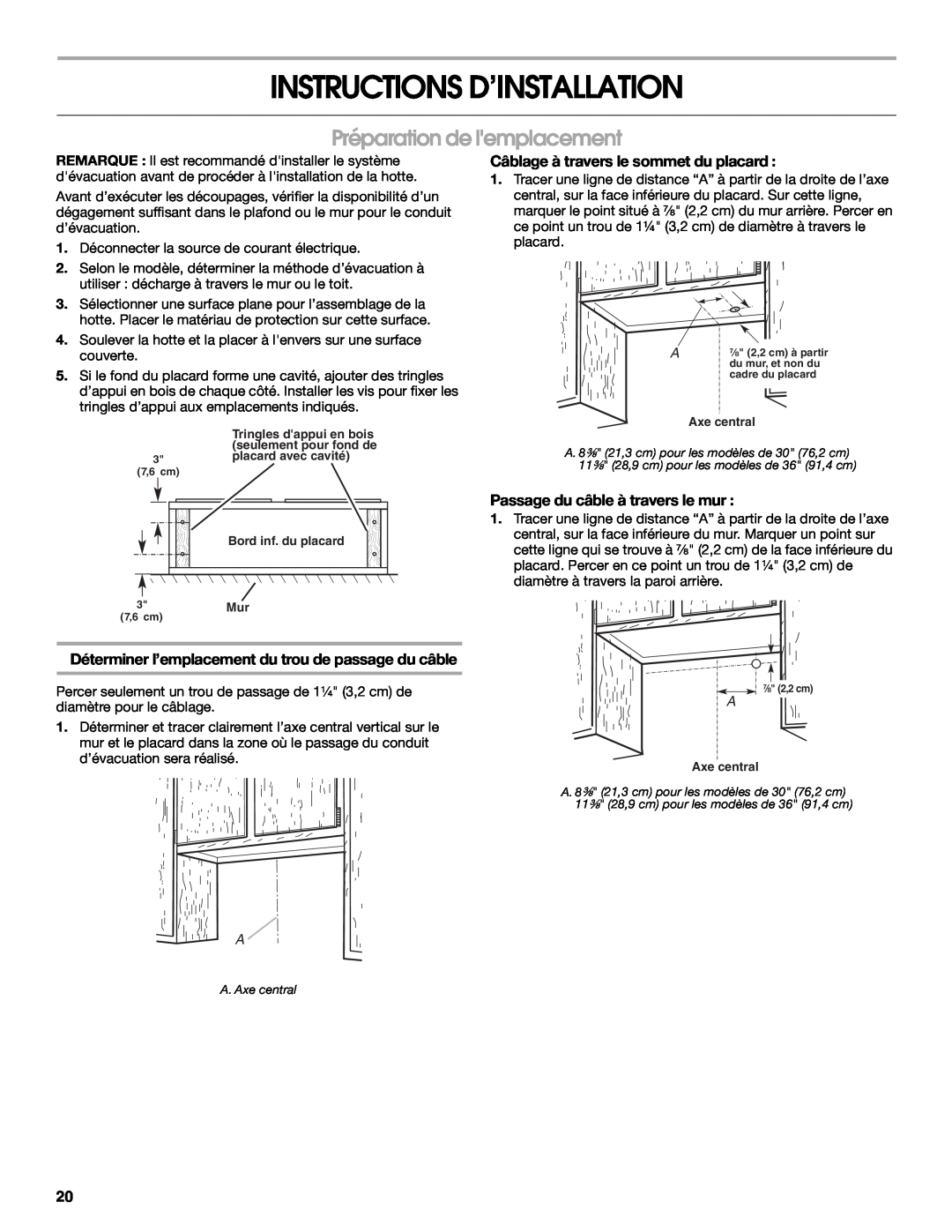 Whirlpool UXT2036AY Instructions D’Installation, Préparation de lemplacement, Câblage à travers le sommet du placard 