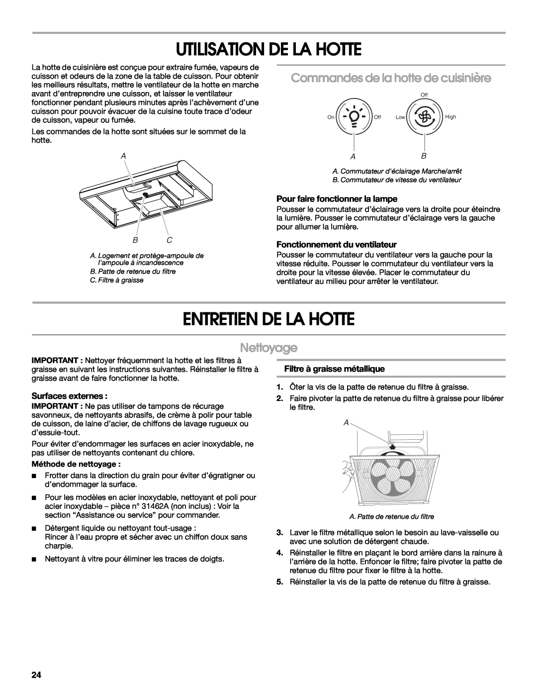 Whirlpool UXT2036AY Utilisation De La Hotte, Entretien De La Hotte, Commandes de la hotte de cuisinière, Nettoyage, A Bc 