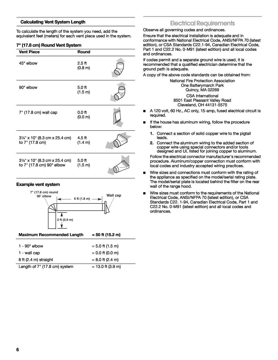 Whirlpool LI3Z2A Electrical Requirements, Calculating Vent System Length, 7 17.8 cm Round Vent System, Example vent system 