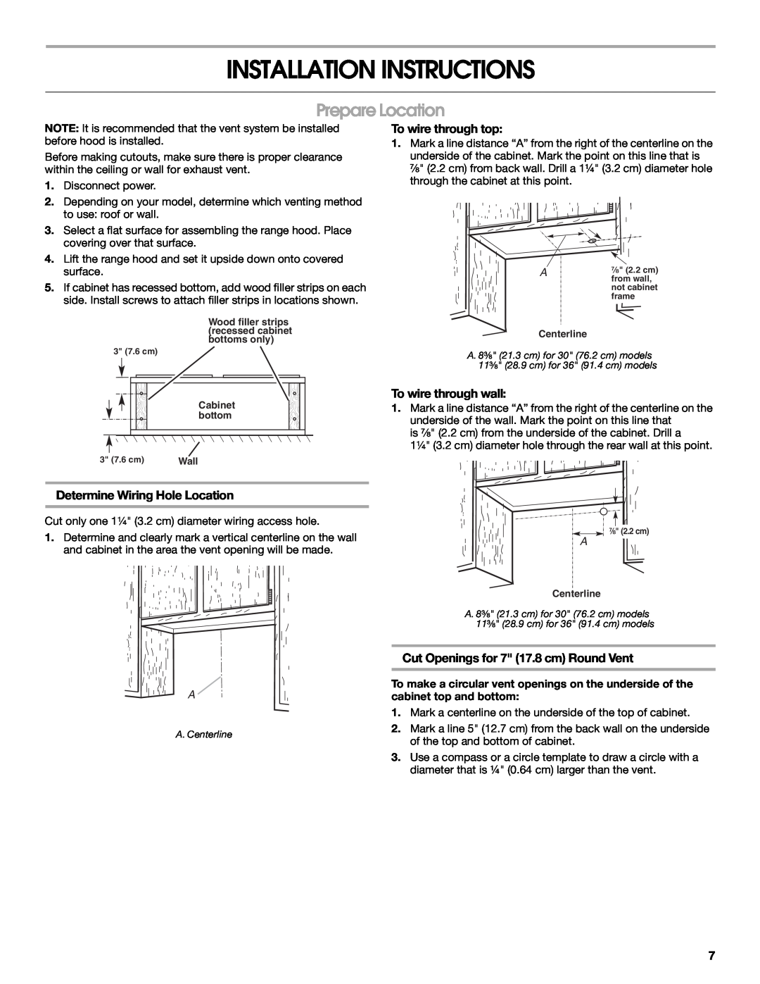 Whirlpool W10400320B, UXT2036AY Installation Instructions, Prepare Location, To wire through top, To wire through wall 