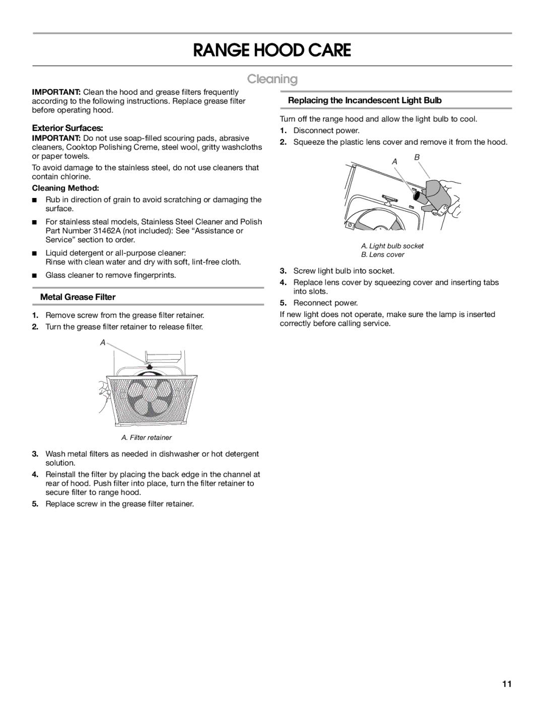 Whirlpool UXT2030AY, UXT2036AY installation instructions Range Hood Care, Exterior Surfaces, Cleaning Method 