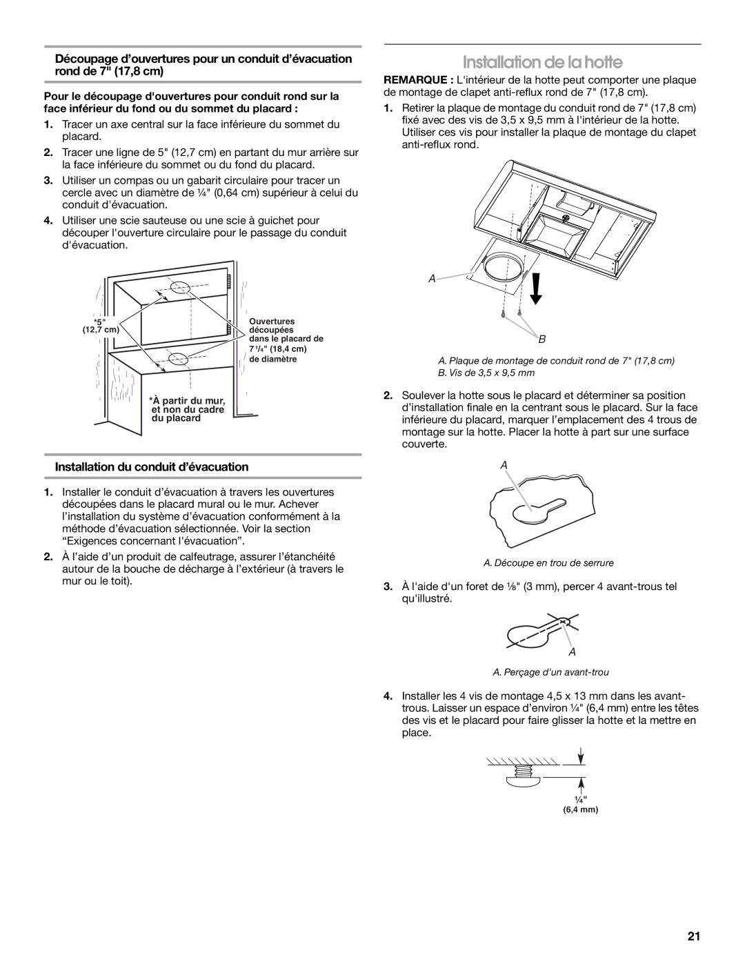 Whirlpool UXT2030AY, UXT2036AY installation instructions Installation de la hotte, Installation du conduit d’évacuation 