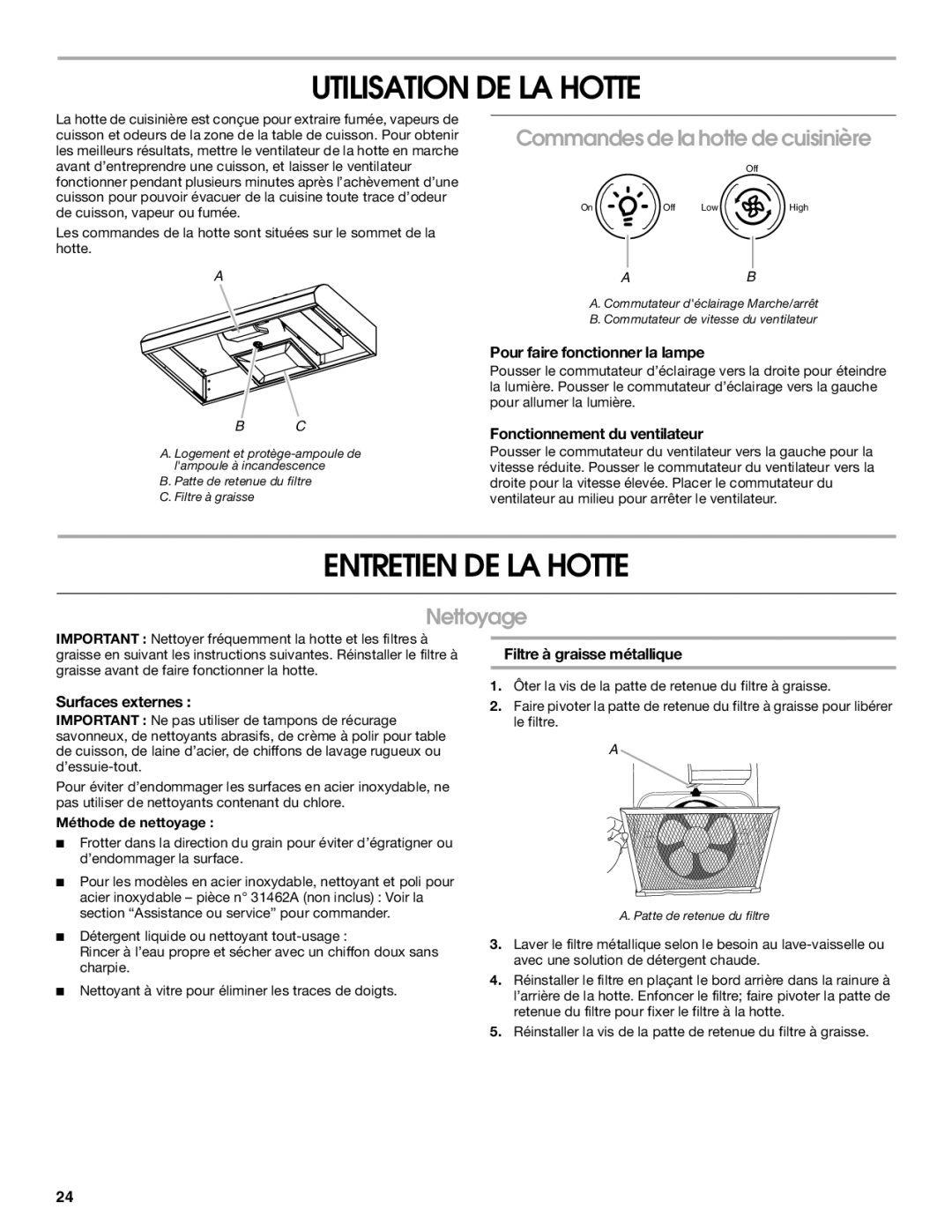 Whirlpool UXT2036AY Utilisation DE LA Hotte, Entretien DE LA Hotte, Commandes de la hotte de cuisinière, Nettoyage 