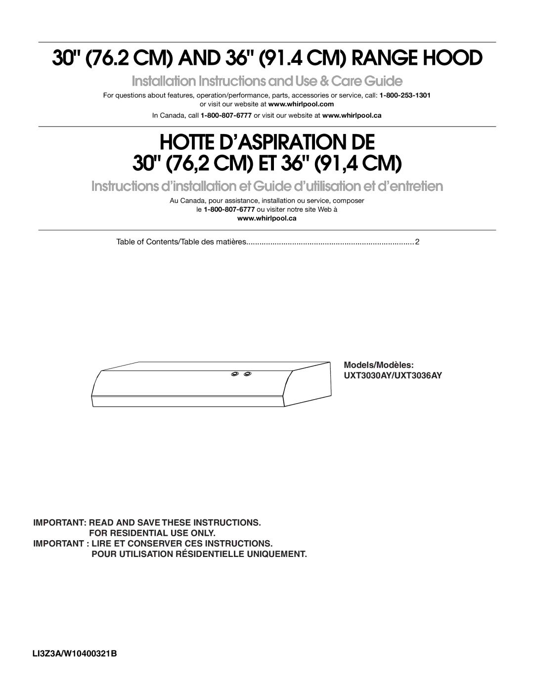 Whirlpool UXT3030AY, UXT3036AY, LI3Z3A, W10400321B installation instructions Hotte D’ASPIRATION DE 