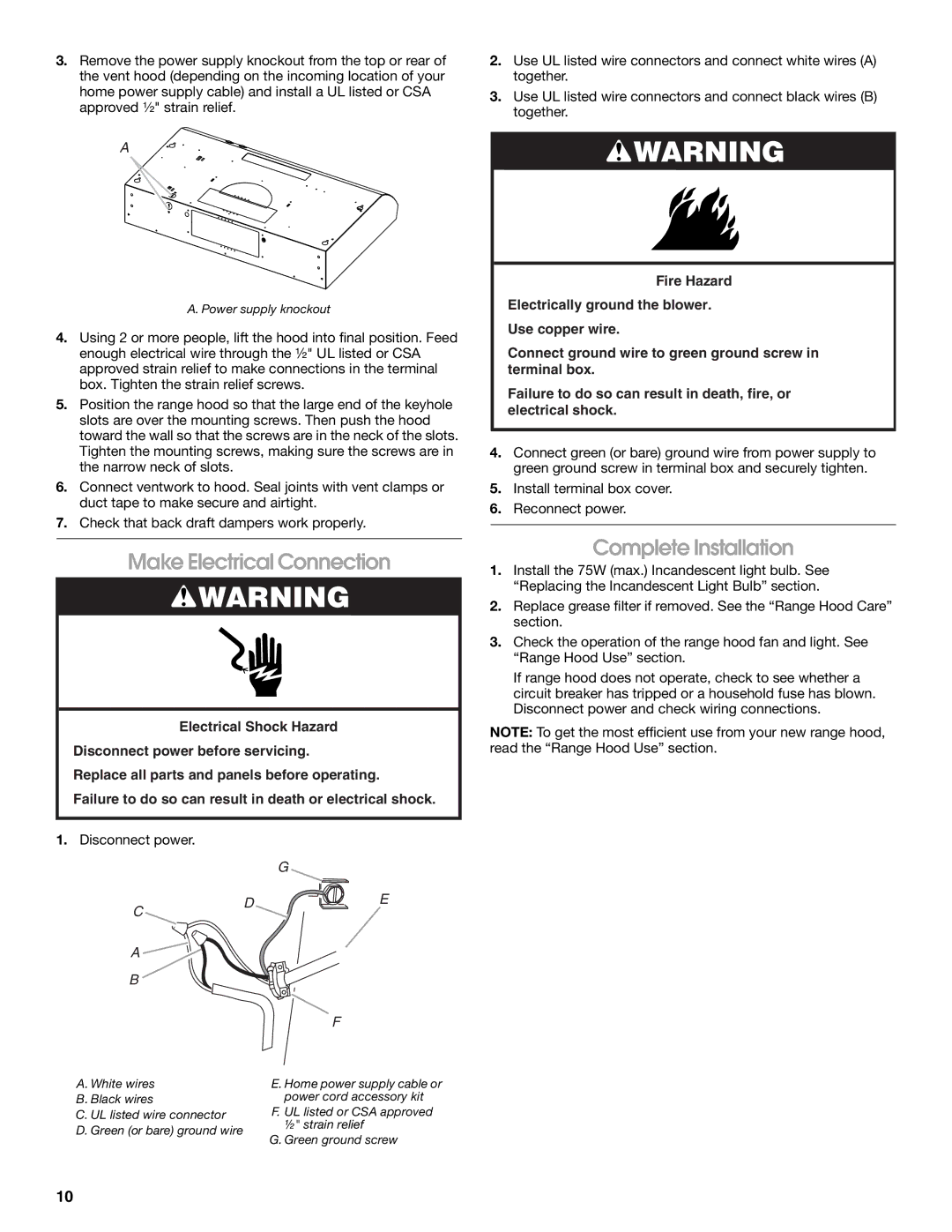 Whirlpool LI3Z3A, UXT3036AY, UXT3030AY, W10400321B installation instructions Make Electrical Connection, Complete Installation 