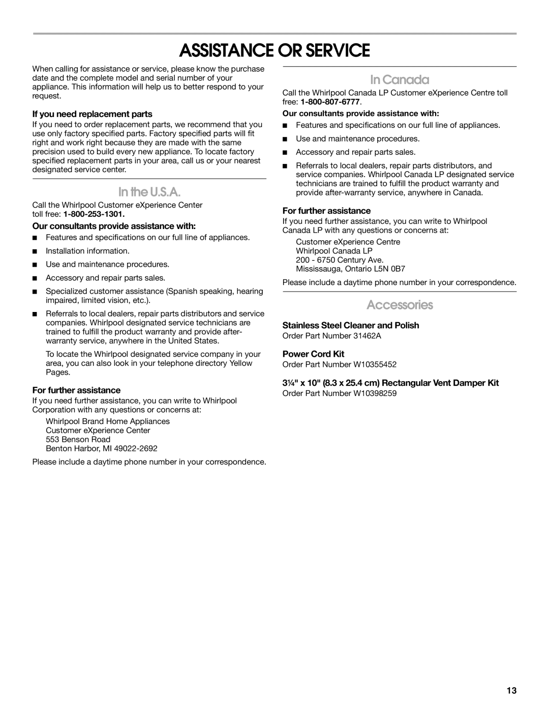 Whirlpool UXT3030AY, UXT3036AY, LI3Z3A, W10400321B installation instructions Assistance or Service, U.S.A, Canada, Accessories 