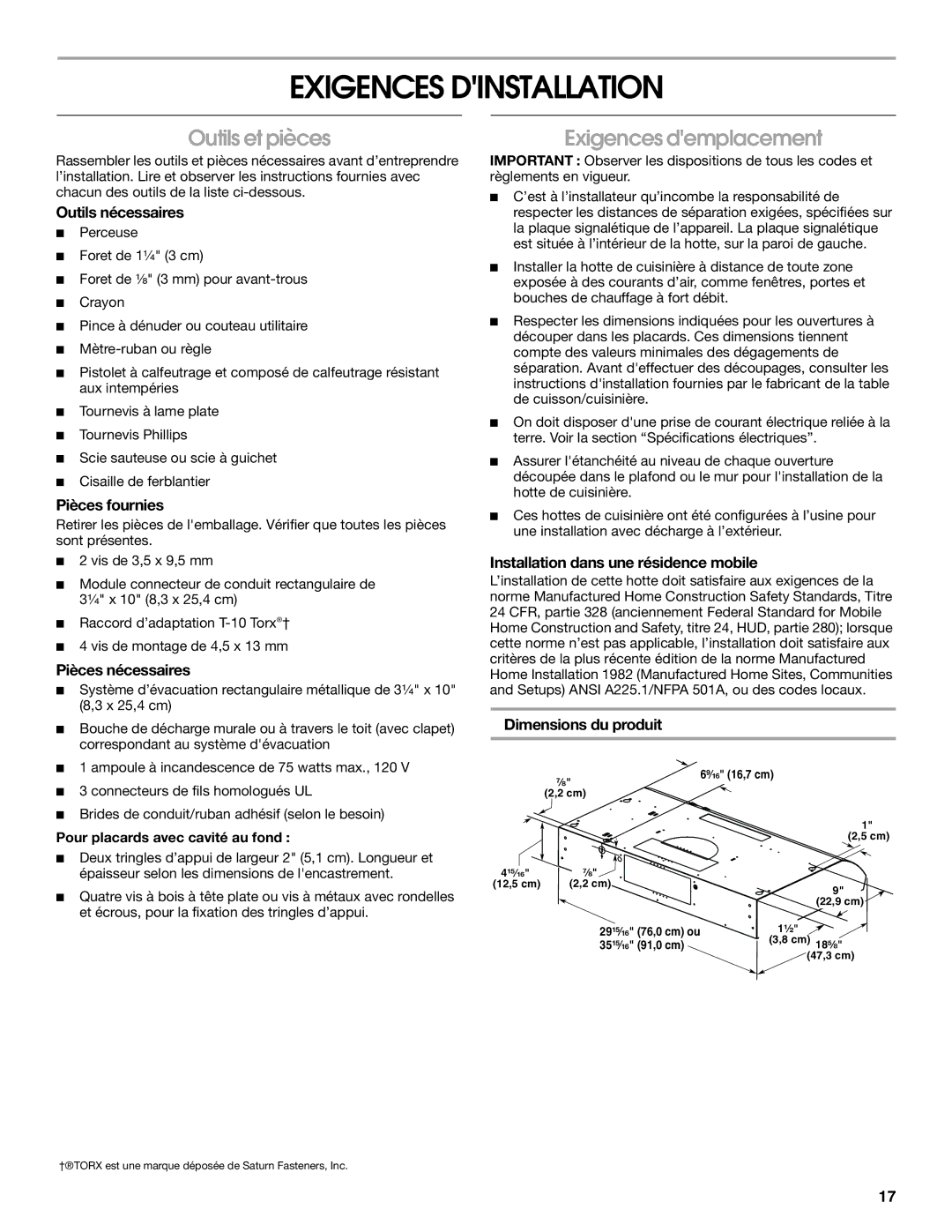 Whirlpool UXT3030AY, UXT3036AY, LI3Z3A, W10400321B Exigences Dinstallation, Outils et pièces, Exigences demplacement 