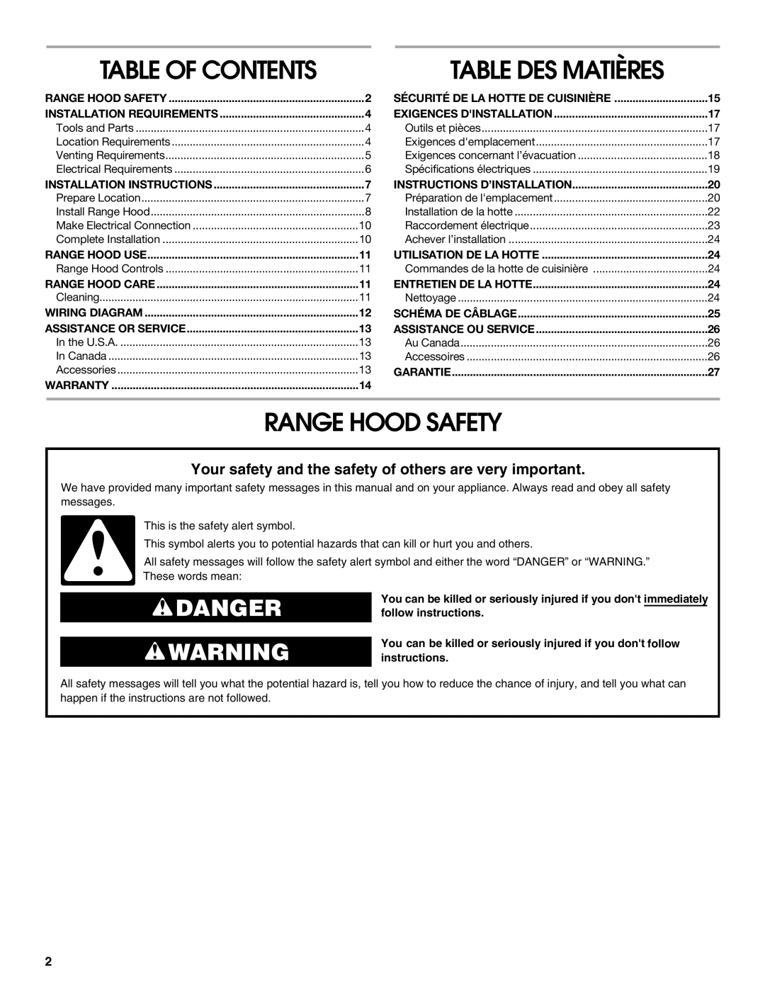 Whirlpool LI3Z3A, UXT3036AY, UXT3030AY, W10400321B installation instructions Range Hood Safety, Table of Contents 