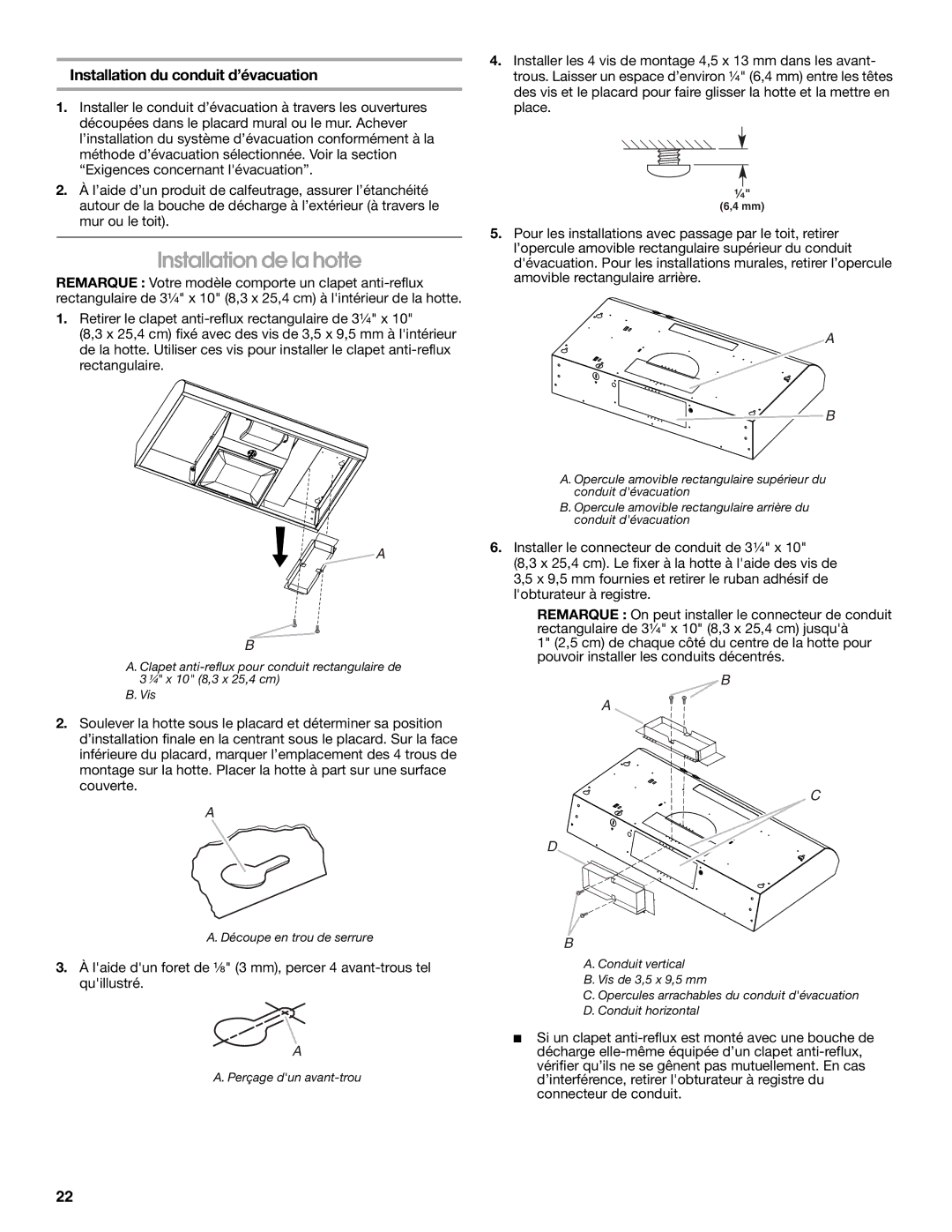 Whirlpool LI3Z3A, UXT3036AY, UXT3030AY, W10400321B Installation de la hotte, Installation du conduit d’évacuation 