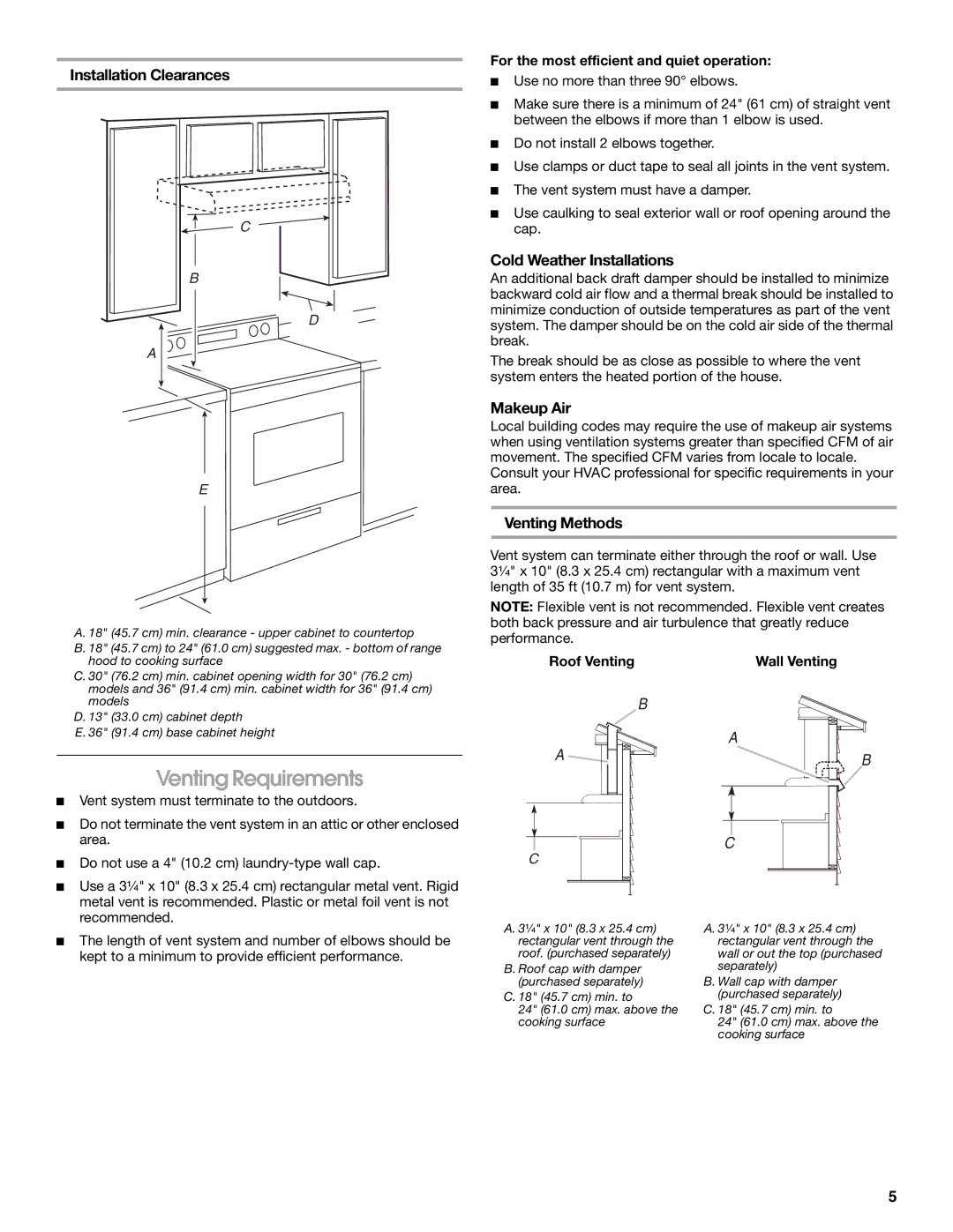 Whirlpool UXT3030AY Venting Requirements, Installation Clearances, Cold Weather Installations, Makeup Air, Venting Methods 